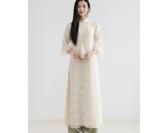 Vietnamese Ao Dai Women Modern Tet Embroidered Floral Chiffon Ivory Four Panel Design Layered Dress Lunar New Year Elegant New Arrival 2026