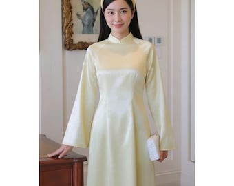 Traditional Ao Dai For Women Silk Brocade Pale Yellow Long Dress Bell Sleeve Tailored Waist Vietnamese Ao Dai Tea Ceremony Custom Size
