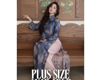 Ao Dai Women Modern Long Dress Traditional Vietnamese Brocade Silk Blue Crane Floral Long Sleeve Elegant Pre-Order Plus Size 5-6 Weeks