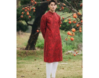 Mens Traditional Ao Dai Wedding Groom Burgundy Red Jacquard Tunic Modern Fit Tet Vietnamese Ao Dai For Engagement Tea Ceremony Photoshoot