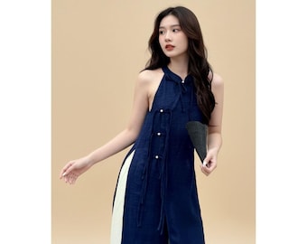 Plus Size Ao Dai Women Modern Halter Yem Linen Blue Navy Outfit Side Slit Pearl Button Vietnamese Dress Photoshoot
