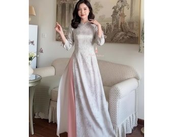 Plus Size Ao Dai Women Tradition Modern Long Dress Traditional Vietnamese Silk Silver Purple Blue Floral Long Sleeve Elegant