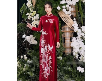 Ao Dai Women Wedding Mother Of Bride Groom Tea Ceremony Ruby Silk Red Embroidered Crane Lotus Beaded Collar Traditional Dress Plus Size