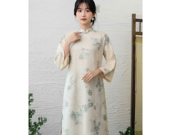 Ao Dai Women Modern Tet Four Panel Embroidered Silk Beige Floral Ao Dai Blue Pant Vietnamese Custom Size S To XXL Tea Ceremony Plus Size