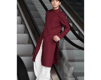 Men Ao Dai Modern Wedding Groom Outfit Stretch Twill Mock Neck Split Hem Burgundy Sizes M To 2XL Vietnam Tet Festival Tet Holiday 2026