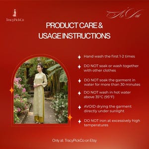 May include: A red background with the text "PRODUCT CARE & USAGE INSTRUCTIONS" and care tips. The image includes a woman wearing a light green dress and yellow pants. The text also includes "Only at: TracyPickCo on Etsy."