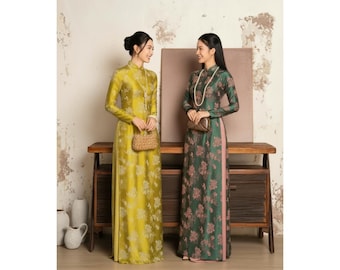 Traditional Vietnamese Ao Dai Dress Silk Brocade Pink | Mint | Green Floral Ao Dai Women Long Sleeve Elegant A Line Tea Ceremony