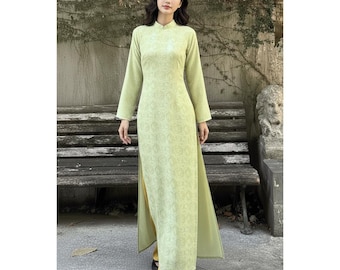Modern Ao Dai Women Spring Tet Vietnamese Ao Dai Four Panel Design Light Green Silk Crepe Subtle Floral Pattern Custom Size Long Dress