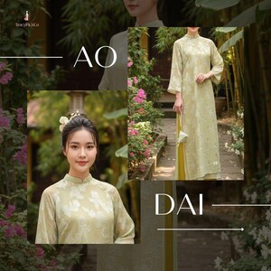 May include: Light green Ao Dai dress with floral embroidery. The traditional Vietnamese garment features a high collar and long sleeves. The image includes the text "AO" and "DAI". The brand name "TracyPick&Co" is also visible.