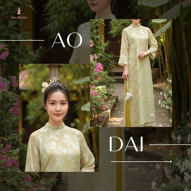 May include: Light green Ao Dai dress with floral embroidery. The traditional Vietnamese garment features a high collar and long sleeves. The image includes the text "AO" and "DAI". The brand name "TracyPick&Co" is also visible.