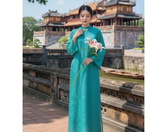 Modern Ao Dai Women Jade Green Brocade Silk Straight Fit Bell Sleeve Hidden Zipper Bow Collar Tet Outfit Ao Dai Women New Arrival 2026