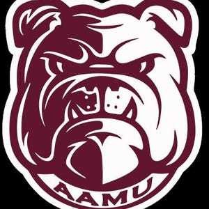 May include: A maroon and white bulldog logo with the text "AAMU" at the bottom. The bulldog is facing forward with an angry expression. The logo is outlined in white and set against a black background.