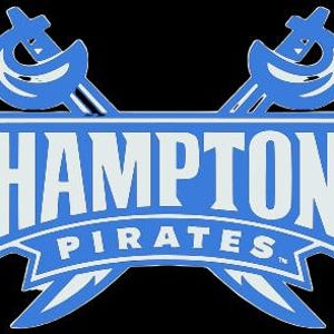 May include: A light blue and white Hampton Pirates logo on a black background. The logo features crossed swords above a banner with the words "Hampton Pirates" in white. The design is outlined in white.