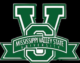 May include: A green and white Mississippi Valley State University logo on a black background. The logo features a large green "V" and "S" intertwined, with the university name in a banner below.