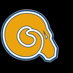 May include: A stylized ram's head logo in gold, outlined in white and navy blue, set against a black background. The ram's horn curls inward, and the head is depicted in profile, suggesting a sports team or collegiate emblem.