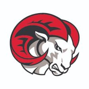 May include: A red, white, and black ram mascot head with a fierce expression. The ram's horns are curled and pointed forward. The mascot is set against a white background.