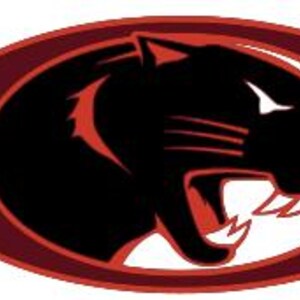 May include: A black panther head with a snarling expression, set within a maroon 'C' shape. The panther's features include sharp teeth and a detailed outline, with maroon accents. The design is on a white background, creating a bold graphic.