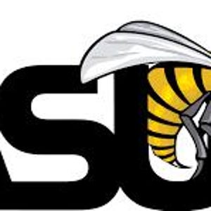 May include: Black and yellow graphic of a stylized bee with the letters "ASU" in black. The bee has black stripes, gray wings, and is positioned to the right of the letters. The letters are bold and sans-serif.