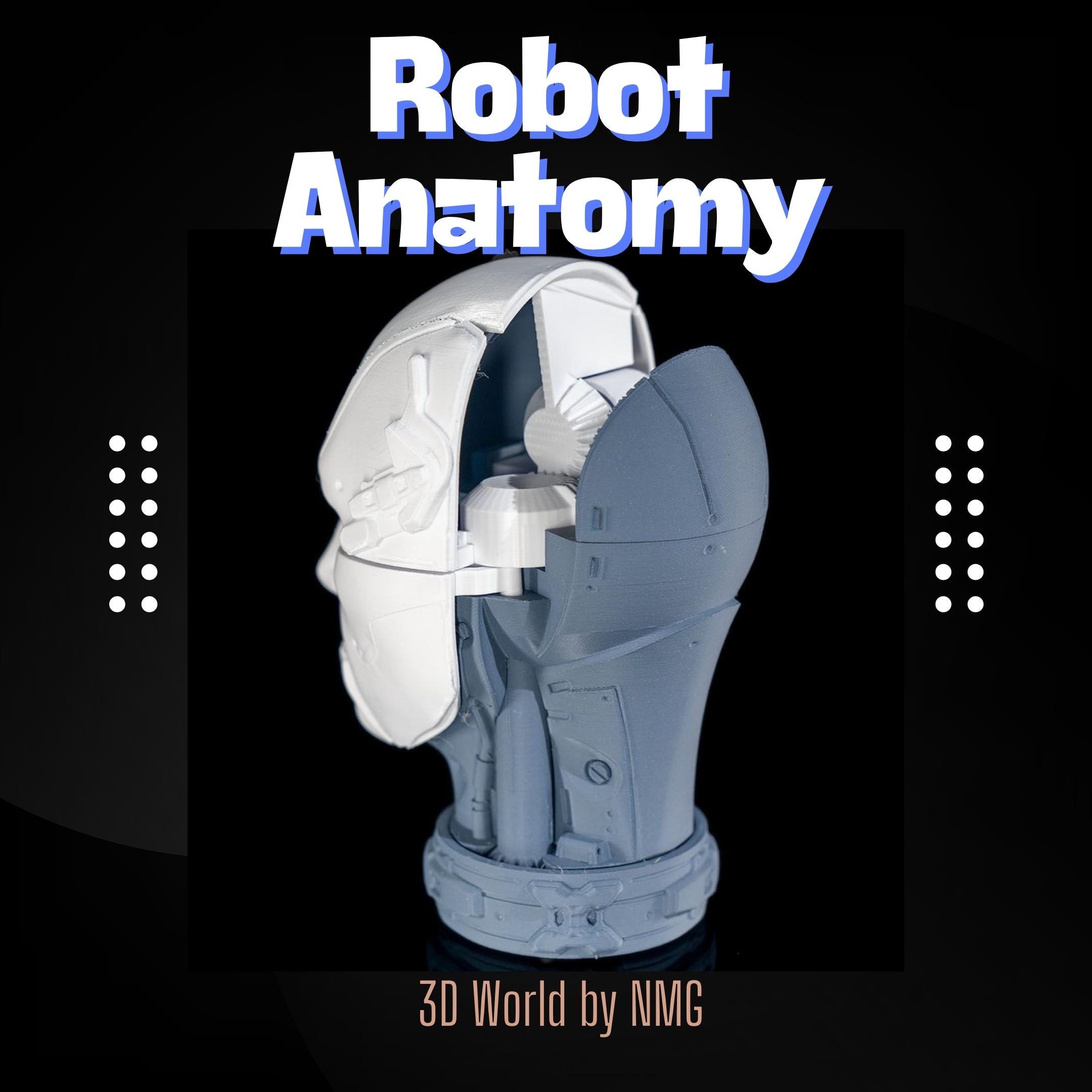 3D Printed Robot Head Sculpture: Openable Anatomy Shell, Sci-fi