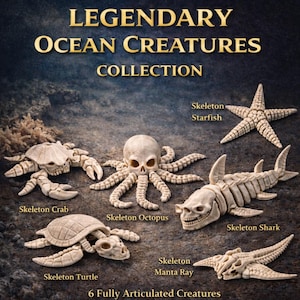 May include: A collection of six fully articulated skeleton ocean creatures. The collection includes a crab, octopus, shark, turtle, manta ray, and starfish. The text reads "LEGENDARY OCEAN CREATURES COLLECTION."