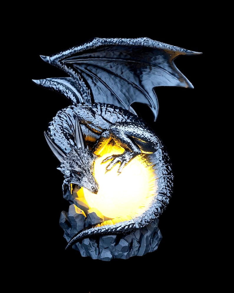 Lámpara de dragón de fantasía gótica oscura con luna brillante, luz nocturna LED para jugadores y coleccionistas, decoración de salas de juegos.