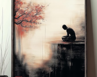 Solitude and Reflection – Meditative Digital Print,The Edge of Thought – Surreal Minimalist Artwork,Meditation Poster,Black and Gold Zen Art