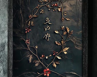 May include: A framed artwork featuring a gold vine with red flowers and leaves, arranged in a circular shape. The vine encircles the Chinese characters "只身 寄宿" (zhǐ shēn jì sù) which translates to "living alone".