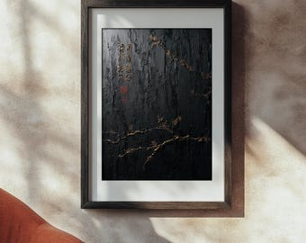 Golden Veins – Wabi-Sabi Abstract Texture Art,Kintsugi Wall Decor,Textured Healing Poster,Japanese Zen Prinatble,Black and Gold Digital Gift