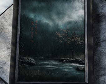 Whispering Rain – Wabi-Sabi Landscape Wall Art,Zen Rainy Scene Poster,Stormy Nature Printable,Meditative Abstract Water and Tree Home Decor