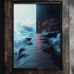 May include: A framed landscape art print. The artwork depicts a pathway between two cliffs, with a cloudy sky on the left and a dark, moody sky on the right. The pathway has a red glow. The frame is made of dark wood.