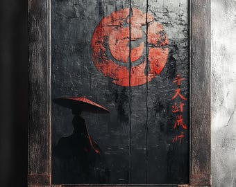 Samurai Woman Print,Gothic Japanese Decor,Red Parasol Warrior Artwork,Cinematic Style Digital Wall Art,Zen Warrior Red Calligraphy Poster