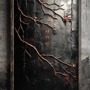 Könnte beinhalten: Ein gerahmtes Wandbild aus Metall mit einem dunklen Hintergrund und einem kupferfarbenen Ast-Design. Der Ast ist stilisiert und hat kleine Blumen und Vögel. Das Stück trägt die chinesischen Schriftzeichen "Forever Home" in Rot auf dem Hintergrund.