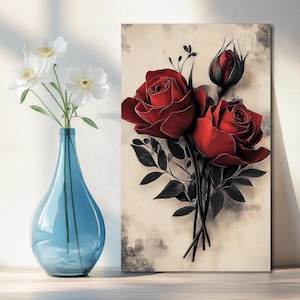 Moody Gothic Rose Illustration,Dark Botanical Art,Gothic Wall Decor,Vintage Style Artwork,Red Roses Printable,Flower Digital Download Art
