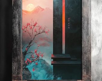 Stampa di paesaggio al tramonto con albero di Sakura, arte digitale meditativa sulla natura, opera d'arte con sole e montagne di Sakura, arte murale minimalista con paesaggio zen sereno