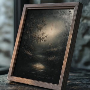 May include: A framed landscape painting with a dark, moody color palette. The artwork depicts a moonlit scene with a river or stream, trees, and foliage. The frame is made of light-colored wood.
