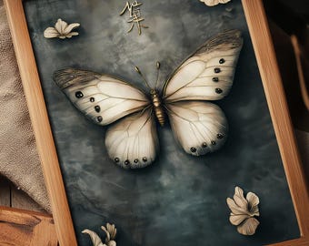 Elegant Butterfly & Gold Calligraphy – Dark Nature Art,Zen Minimalist Print,Vintage Golden Glow Fantasy Artwork,Japanese-Inspired Zen Print