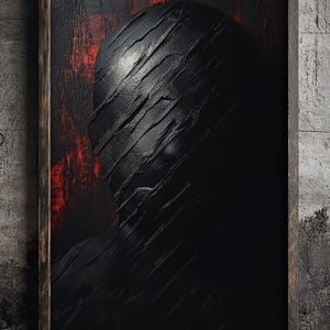May include: A framed abstract painting of a black figure with a textured surface. The background is a dark red color.