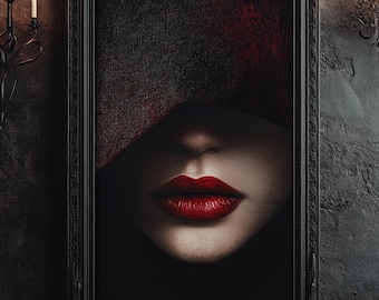 Mysterious Gothic Woman Art – Red Lips Surreal Portrait,Dramatic Wall Decor,Bold Moody Artwork,Mystical Dark Art,Edgy Surreal Face Print