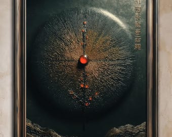 Crimson Axis – Sztuka ścienna „Święta Geometria”, Abstrakcyjne dzieło sztuki energii zen, Obraz przedstawiający przepływ energii kosmicznej, Luksusowy plakat z teksturą duchowej harmonii