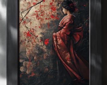 Japandi Woman in Kimono Art Print,Cherry Blossom Japanese Wall Decor,Oriental Woman Digital Poster,Zen Mood Wall Artwork,Wabi Sabi Poster