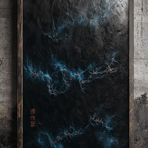 May include: Abstract artwork in a dark wooden frame. The textured black surface features blue and red vein-like patterns. The artwork has a dark, moody aesthetic, with a hint of celestial imagery. The frame is a dark brown colour.