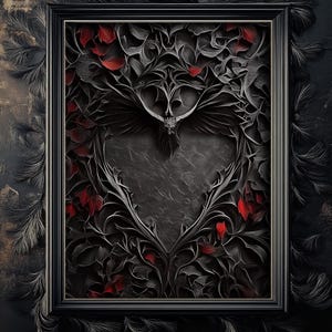 Surreale Gothic Wandkunst - Dunkles abstraktes Herz mit komplizierten Mustern und roten Blütenblättern, dunkle Fantasy Wandkunst, ätherisches Gothic Dekor