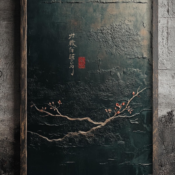 Arte minimalista de inspiración japonesa, decoración de pared texturizada de inspiración asiática con rama de cerezo, ideal para hogares zen o modernos, arte de rama en flor.
