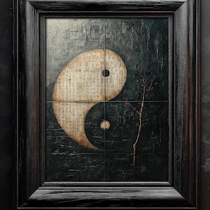 May include: Framed artwork featuring a Yin and Yang symbol. The symbol is composed of two interlocking circles, one light and one dark, with text. A sprig with red berries is on the right. The frame is black.