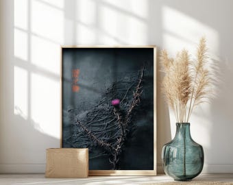 Thorn and Bloom – Wabi-Sabi Dark Botanical Wall Art,Violet Flower Design,Zen Abstract Print,Meditative Painting,Moody Floral Digital Artwork