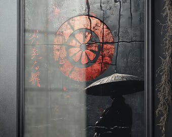 Dark Samurai Warrior Print,Red Seal Japanese Art,Cinematic Silhouette Digital Wall Art,Traditional Japanese Calligraphy Art,Cracked Texture