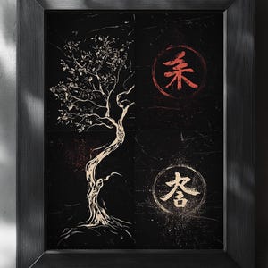 May include: A black and white illustration of a tree with a red and white circle with the Japanese character "木" (pronounced "ki", meaning "tree") and a red and white circle with the Japanese character "春" (pronounced "haru", meaning "spring") on a black background.