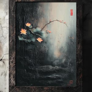 May include: A framed painting featuring a dark, textured background with a serene scene. Lotus flowers in shades of peach and green are depicted, along with a branch with small blossoms. The frame is a dark, rustic wood.