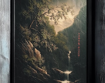 Whispering Falls – Tranquil Mountain Waterfall Wall Art,Zen Landscape Poster,Meditation Decor Print,Harmony and Flow Nature Illustration Art
