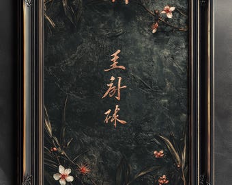 Japanese Calligraphy Art – Dark Floral Wall Print,Minimalist Cherry Blossom Print,Dark Aesthetic Japan Poster,Zen Floral Botanical Artwork
